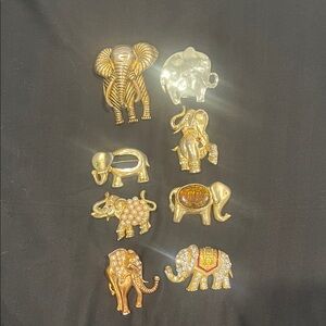 Gold Elephant Brooch Set with Gem Stones and Amber